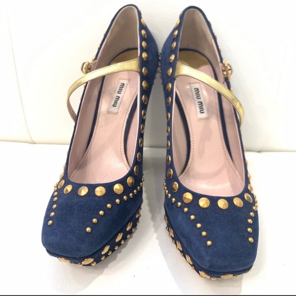 MIU MIU Studded Navy Blue Suede Shoe Sz 40.5 - Picture 3 of 8